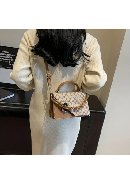 Şık Geometrik Baskılı Dekoratif Zincir Askılı Suni Deri Moda El & Omuz Çantası