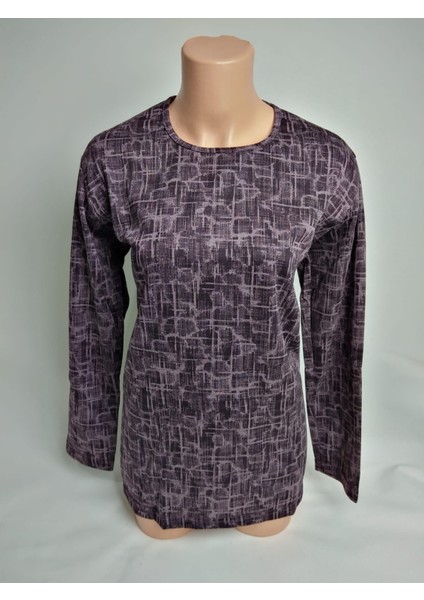 Kadın Lila Desenli Bisiklet Yaka Uzun Kollu Yanları Yırtmaçlı Mevsimlik Lizy Anne Penye Tişört Bluz