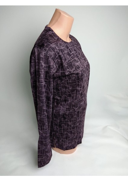 Kadın Lila Desenli Bisiklet Yaka Uzun Kollu Yanları Yırtmaçlı Mevsimlik Lizy Anne Penye Tişört Bluz fiyatları