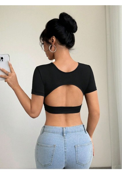 Bisiklet Yaka Siyah Renk Desensiz Sırtı Açık Fitilli Kısa Kol Likralı Fit Crop Top Bluz indirimleri