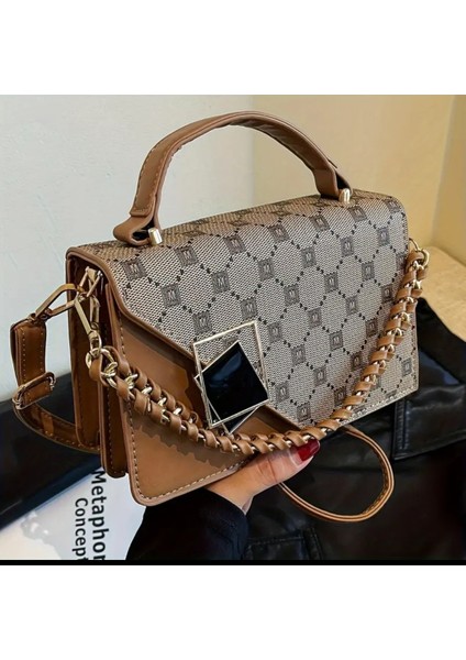 Şık Geometrik Baskılı Dekoratif Zincir Askılı Suni Deri Moda El & Omuz Çantası