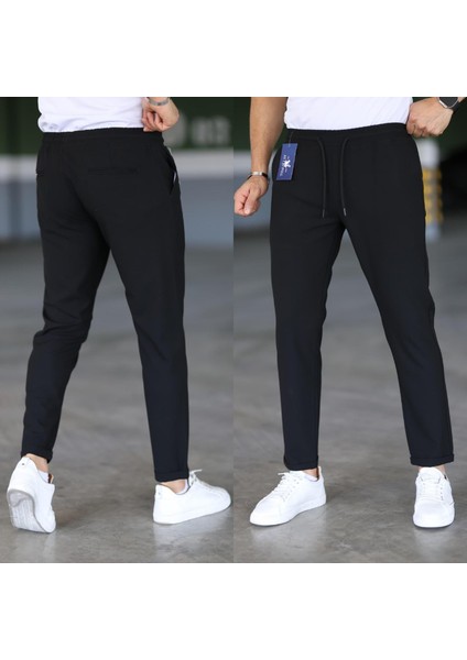 Erkek Siyah Slim Fit Rahat Kesim Beli Bağlamalı Yan Cepli Likralı Jogger Pantolon