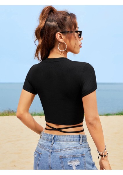Bisiklet Yaka Siyah Renk Çapraz Ipli Fitilli Kısa Kollu Slim Fit Crop Top Bluz fiyatları