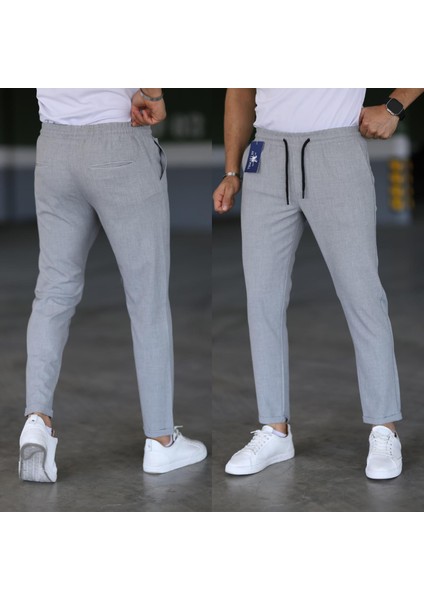 Erkek Açık Gri Slim Fit Rahat Kesim Beli Bağlamalı Yan Cepli Likralı Jogger Pantolon
