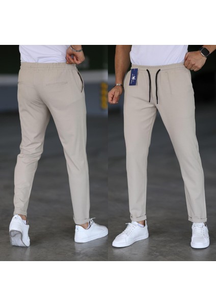 Erkek Krem Slim Fit Rahat Kesim Beli Bağlamalı Yan Cepli Likralı Jogger Pantolon