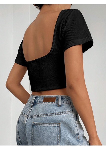 Kayık Yaka Siyah Renk Desensiz Sırtı Açık Fitilli Kısa Kollu Likralı Fit Crop Top Bluz