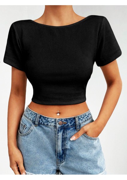 Kayık Yaka Siyah Renk Desensiz Sırtı Açık Fitilli Kısa Kollu Likralı Fit Crop Top Bluz fırsatları