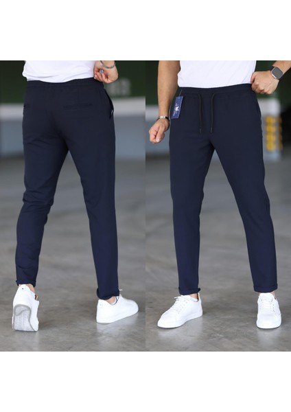 Erkek Lacivert Slim Fit Rahat Kesim Beli Bağlamalı Yan Cepli Likralı Jogger Pantolon