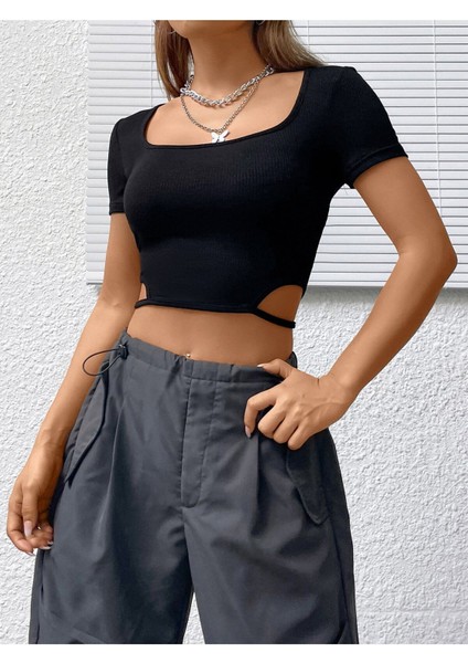 Balerin Yaka Siyah Renk Fitilli Kısa Kollu Slim Fit Crop Top Bluz fırsatları