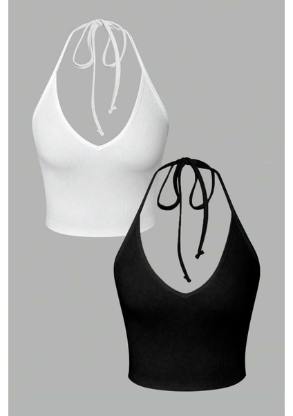 2 Li Paket V Yaka Siyah Beyaz Renk Desensiz Fitilli Kolsuz Boyun Askılı Likralı Fit Crop Top Bluz