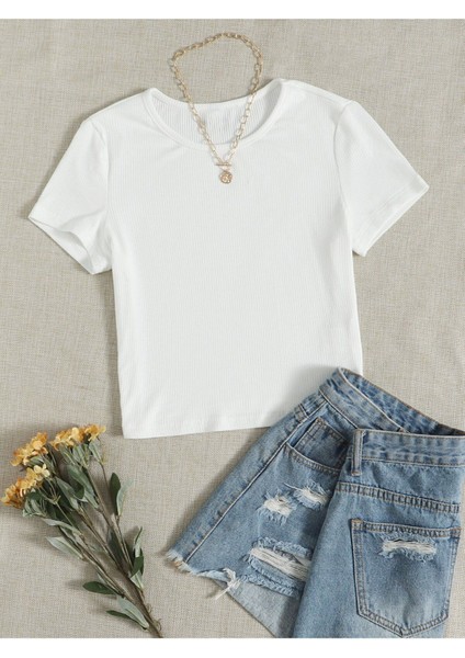 Bisiklet Yaka Beyaz Renk Fitilli Kısa Kollu Slim Fit Crop Top Bluz