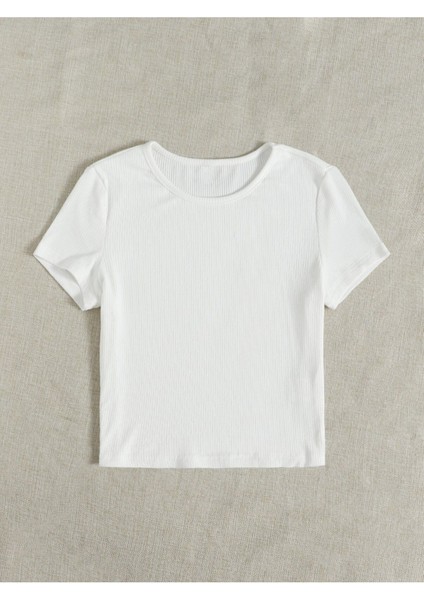 Bisiklet Yaka Beyaz Renk Fitilli Kısa Kollu Slim Fit Crop Top Bluz fiyatları