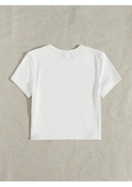 Bisiklet Yaka Beyaz Renk Fitilli Kısa Kollu Slim Fit Crop Top Bluz modelleri