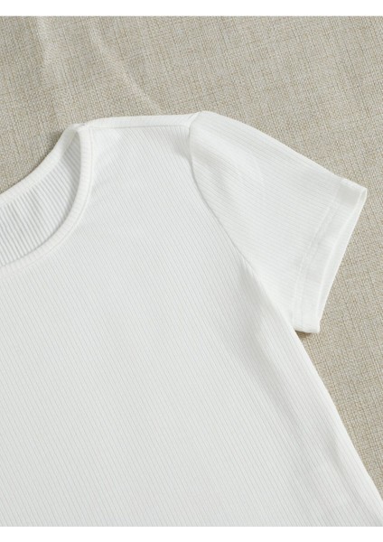 Bisiklet Yaka Beyaz Renk Fitilli Kısa Kollu Slim Fit Crop Top Bluz fırsatları