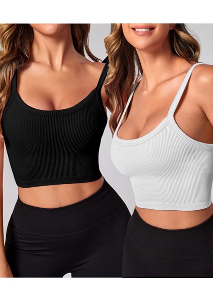 2 Li Paket U Yaka Siyah Beyaz Renk Desensiz Fitilli Kolsuz Askılı Likralı Fit Crop Top Bluz