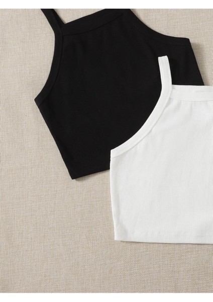 2 Li Paket Düz Yaka Siyah Beyaz Renk Desensiz Fitilli Kolsuz Askılı Likralı Fit Spor Büstiyer