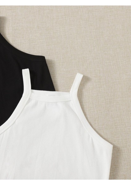 2 Li Paket Düz Yaka Siyah Beyaz Renk Desensiz Fitilli Kolsuz Askılı Likralı Fit Spor Büstiyer