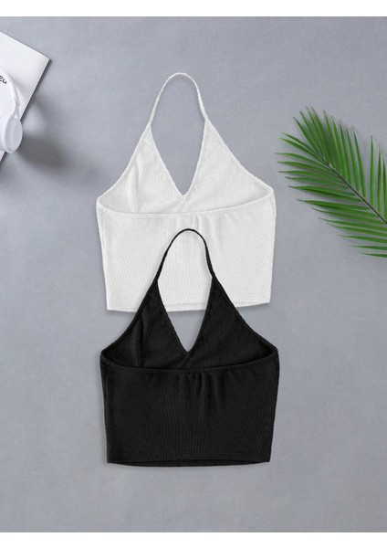 2 Li Paket U Yaka Siyah Beyaz Renk Desensiz Fitilli Kolsuz Askılı Likralı Fit Crop Top Bluz