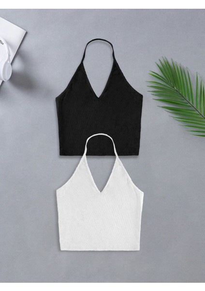 2 Li Paket U Yaka Siyah Beyaz Renk Desensiz Fitilli Kolsuz Askılı Likralı Fit Crop Top Bluz