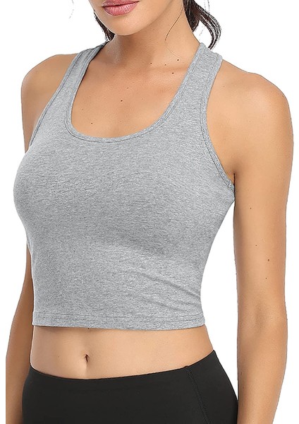 Kadın Gri Melanj U Yaka Yüzücü Sırtlı Crop Top Büstiyer