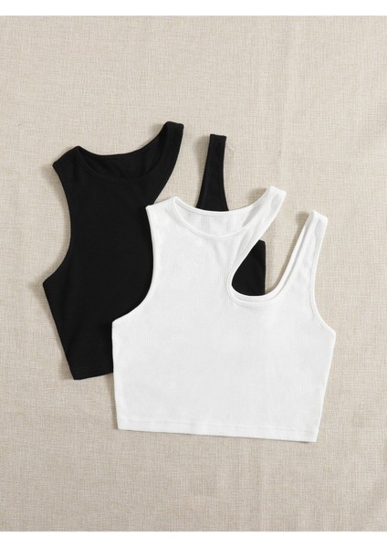 2 Li Paket Asimetrik Yaka Siyah Beyaz Renk Desensiz Fitilli Kolsuz Askılı Likralı Fit Spor Büstiyer