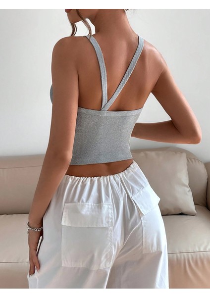 Kadın Gri Melanj Bisiklet Yaka Çapraz Askılı Crop Top Büstiyer fiyatları