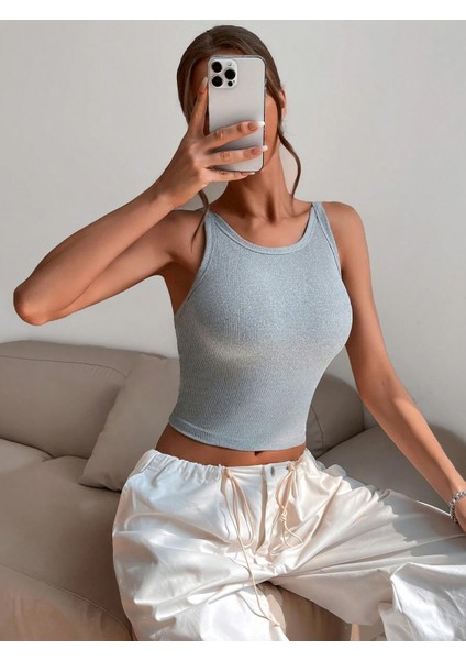Kadın Gri Melanj Bisiklet Yaka Çapraz Askılı Crop Top Büstiyer indirimleri