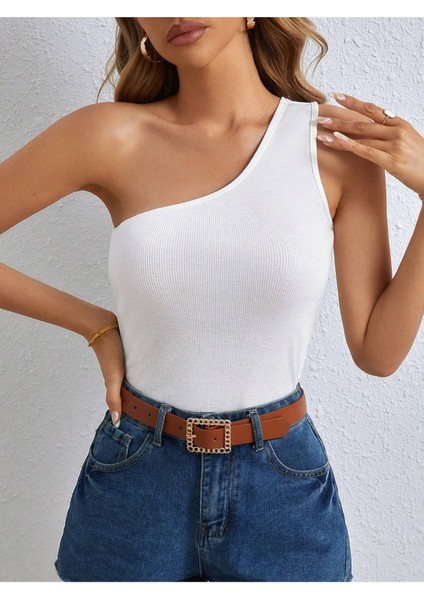 Asimetrik Yaka Tek Omuz Askılı Beyaz Renk Desensiz Kolsuz Fitilli Likralı Fit Bluz