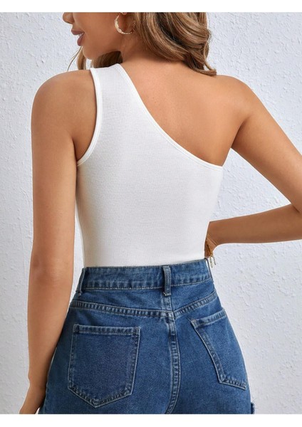Asimetrik Yaka Tek Omuz Askılı Beyaz Renk Desensiz Kolsuz Fitilli Likralı Fit Bluz