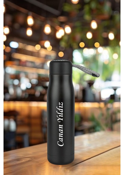 Kişiye ısimli baskılı termos 600 ml çift katmanlı 304 çelik taşıma ıpli termos mug matara