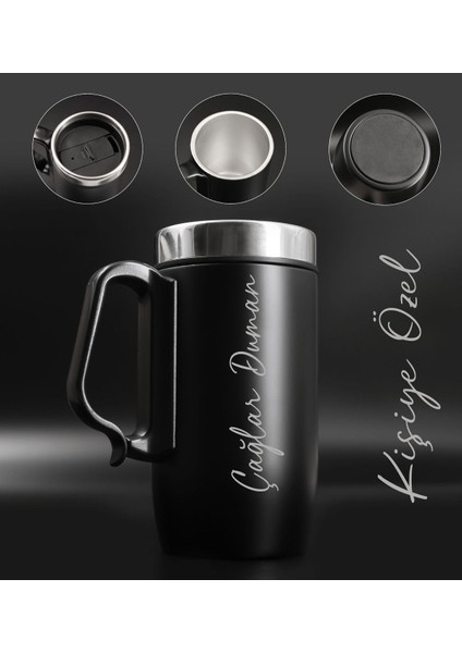 Kişiye çift katmanlı 280ml mat siyah kulplu paslanmaz çelik termos bardak mug kupa çay kahve