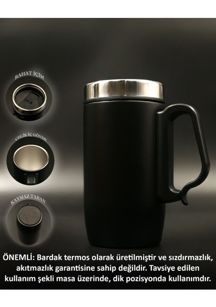Kişiye çift katmanlı 280ml mat siyah kulplu paslanmaz çelik termos bardak mug kupa çay kahve