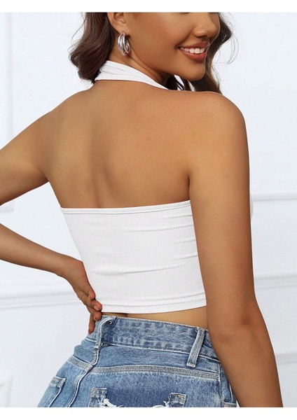 V Yaka Boyundan Askılı Beyaz Renk Desensiz Kolsuz Fitilli Likralı Fit Crop Top Bluz fiyatları