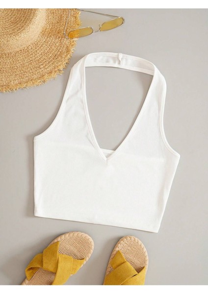 V Yaka Boyundan Askılı Beyaz Renk Desensiz Kolsuz Fitilli Likralı Fit Crop Top Bluz fırsatları