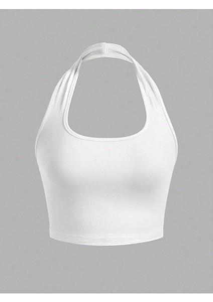 U Yaka Boyundan Askılı Beyaz Renk Omzu Sırtı Açık Kolsuz Likralı Fit Crop Top Bluz