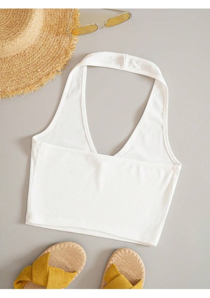 V Yaka Boyundan Askılı Beyaz Renk Desensiz Kolsuz Fitilli Likralı Fit Crop Top Bluz indirimleri
