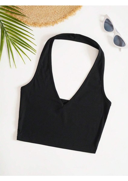 V Yaka Boyundan Askılı Siyah Renk Omzu Sırtı Açık Kolsuz Fitilli Likralı Fit Crop Top Bluz fırsatları