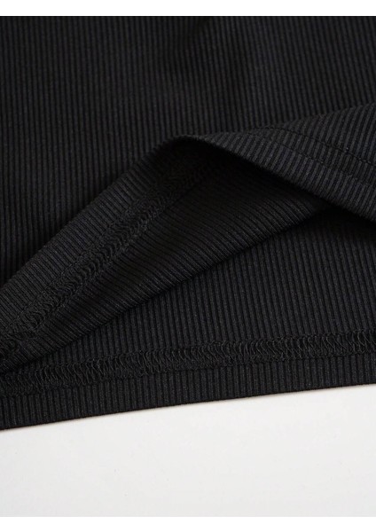 V Yaka Boyundan Askılı Siyah Renk Omzu Sırtı Açık Kolsuz Fitilli Likralı Fit Crop Top Bluz indirimleri