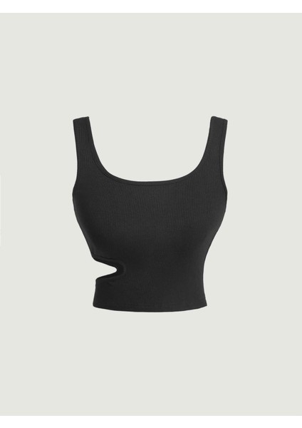 U Yaka Omuz Askılı Asimetrik Kesim Siyah Renk Desensiz Kolsuz Fitilli Likralı Fit Crop Top Bluz