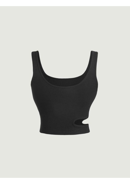 U Yaka Omuz Askılı Asimetrik Kesim Siyah Renk Desensiz Kolsuz Fitilli Likralı Fit Crop Top Bluz fırsatları