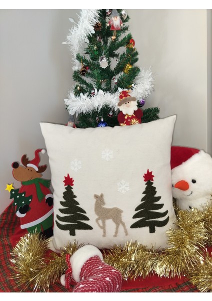 Yılbaşına Özel Geyikli-Agacli Punch Kırlent Kılıfı