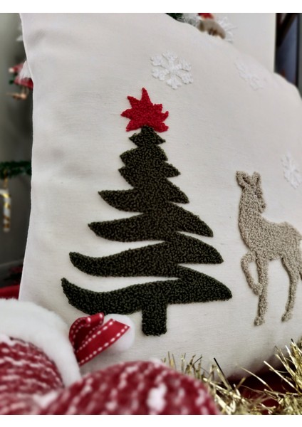 Yılbaşına Özel Geyikli-Agacli Punch Kırlent Kılıfı