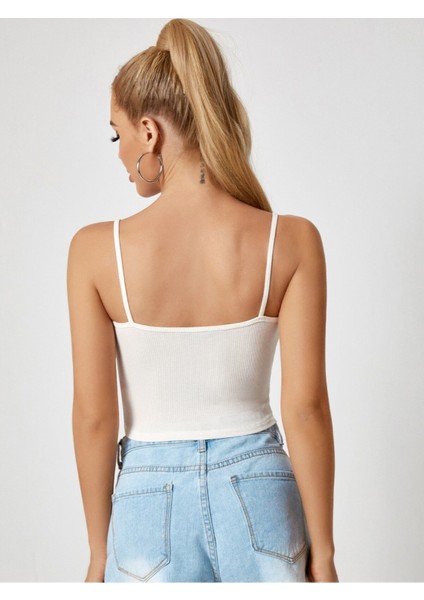 U Yaka Beyaz Renk Desensiz Askılı Omzu Açık Fitilli Likralı Fit Crop Top Bluz fiyatları