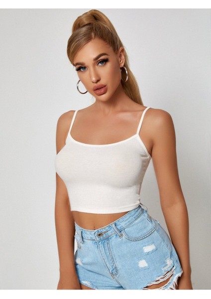U Yaka Beyaz Renk Desensiz Askılı Omzu Açık Fitilli Likralı Fit Crop Top Bluz indirimleri