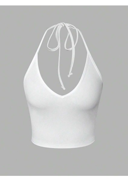 V Yaka Beyaz Renk Desensiz Boyun Bağlamalı Fitilli Kolsuz Likralı Fit Crop Top Bluz