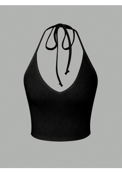 V Yaka Siyah Renk Desensiz Boyun Bağlamalı Fitilli Kısa Kolsuz Likralı Fit Crop Top Bluz