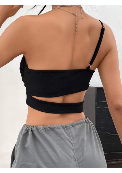 Asimetrik Yaka Siyah Renk Desensiz Çapraz Kesim Fitilli Kısa Kollu Likralı Fit Crop Top Bluz fiyatları