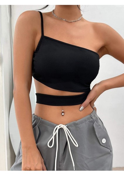 Asimetrik Yaka Siyah Renk Desensiz Çapraz Kesim Fitilli Kısa Kollu Likralı Fit Crop Top Bluz indirimleri