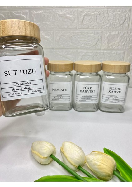 4'lü 500ML Bambu Kapaklı Nescafe/süt Tozu/türk Kahvesi/filtre Kahve Kavanozu Kaşıklı Etiketli