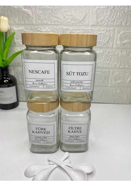 4'lü 500ML Bambu Kapaklı Nescafe/süt Tozu/türk Kahvesi/filtre Kahve Kavanozu Kaşıklı Etiketli